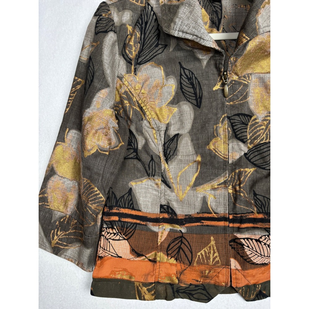 Coldwater Creek Jacket Womens P8 Cotton Floral Zip Front 3/4 Sleeve Casual